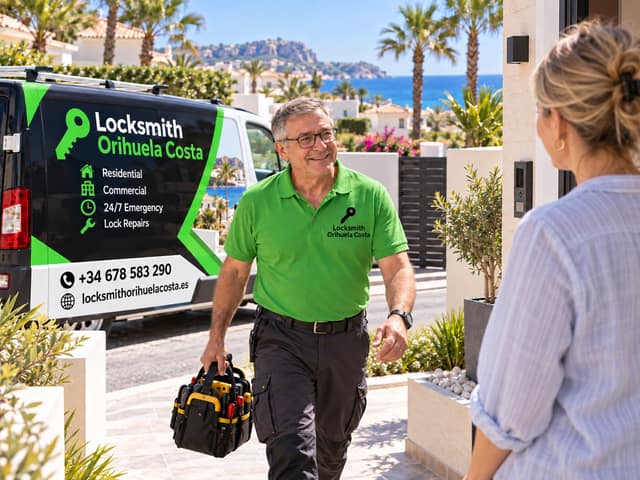 A man in a green polo shirt carries a tool bag up a villa path towards a woman at the door, with a signwritten van parked behind and the sea beyond