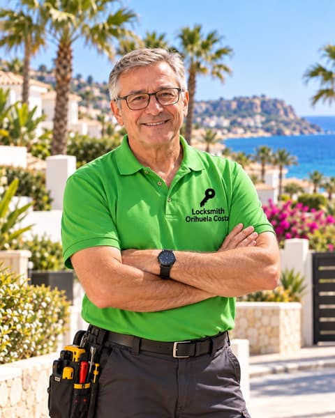 A smiling man in a green polo shirt with a tool belt stands with arms crossed in a garden of palms and bougainvillea, the sea behind him