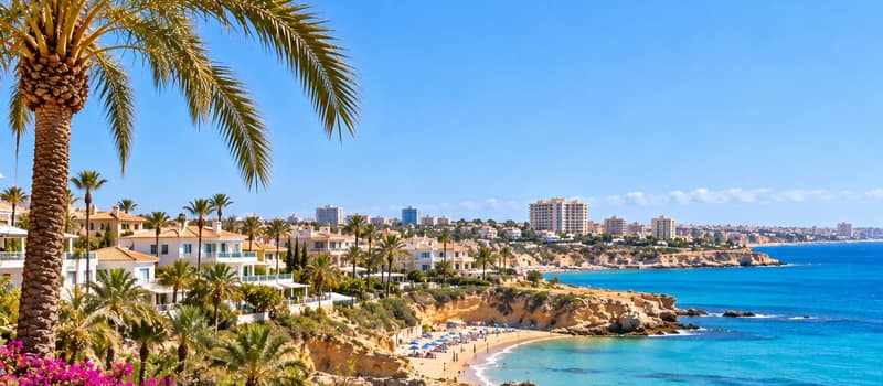 White villas and palm trees on a low cliff above a small sandy cove, with tall apartment blocks along the coast in the distance